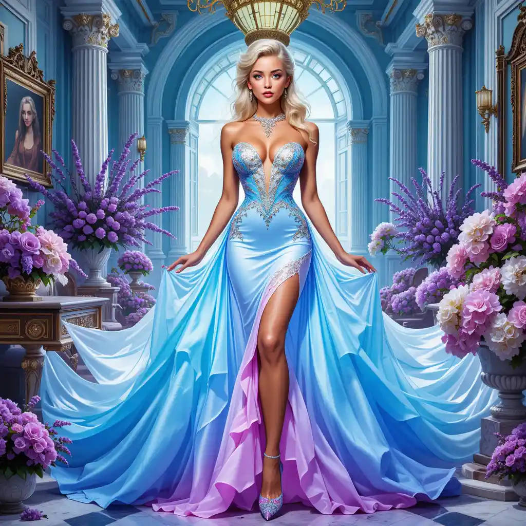 Glamorous blonde woman in neon ombre ball gown
