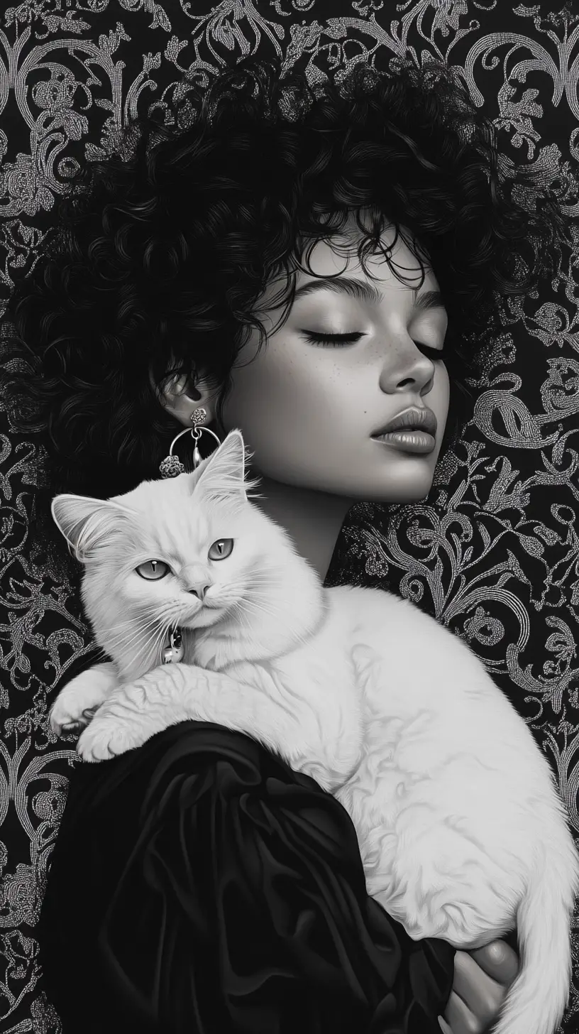 Monochrome woman portrait holding a white cat