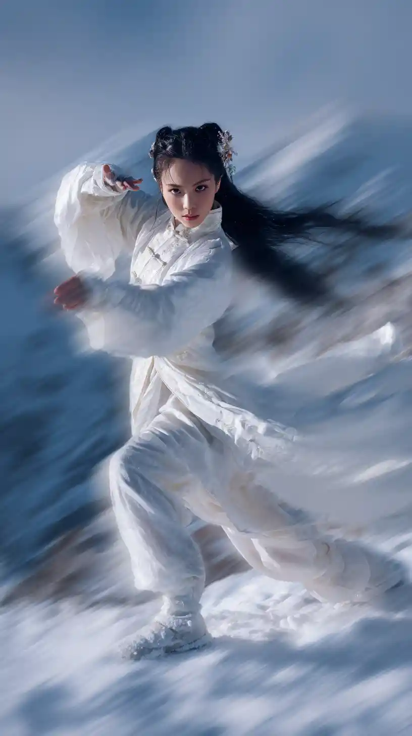 Guerriera di tai chi sulla vetta di una montagna innevata