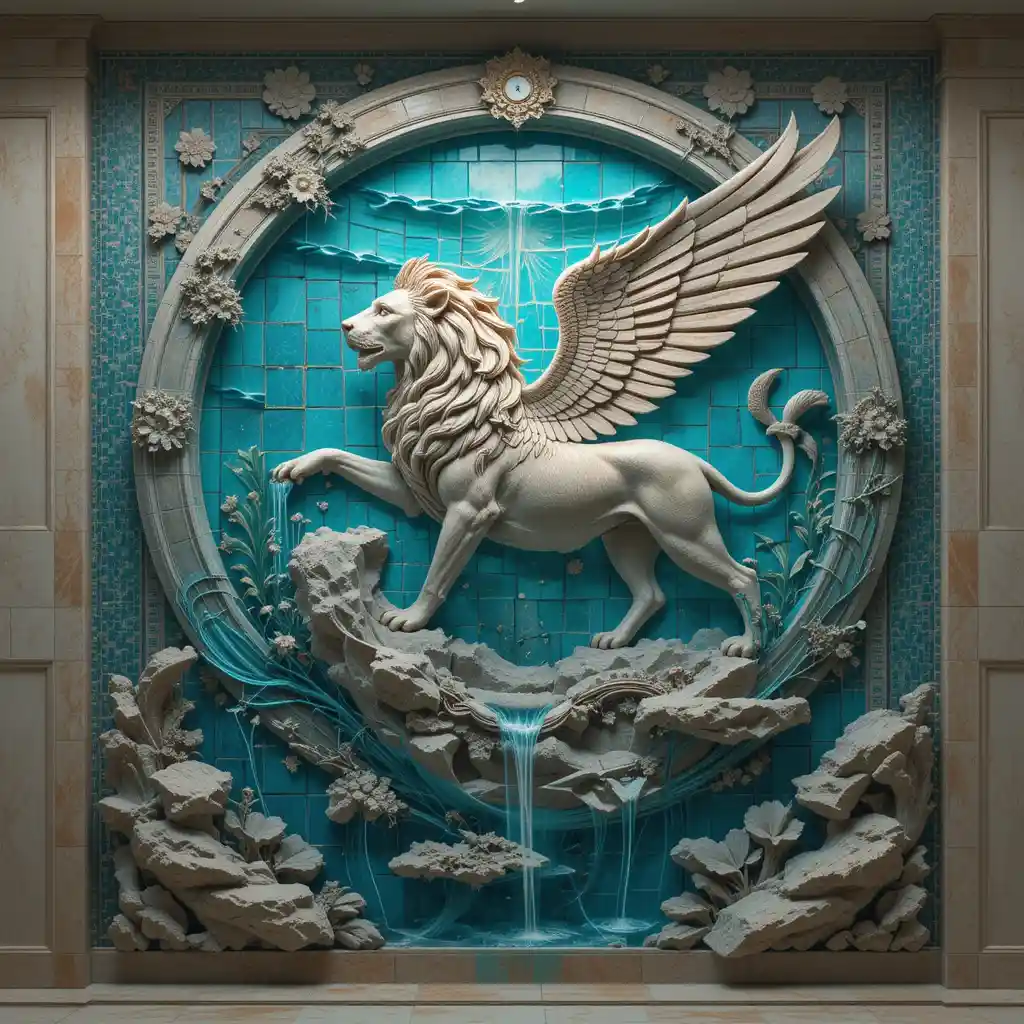 Winged Lion Wall Fountain With Greek Inspired Mural