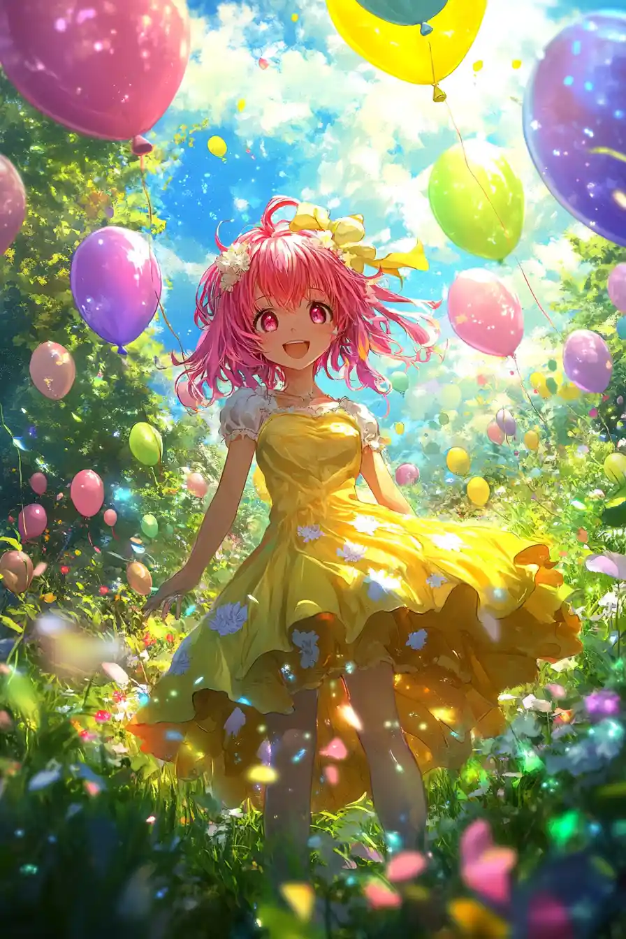 Playful anime girl in yellow dress in sunny meadow