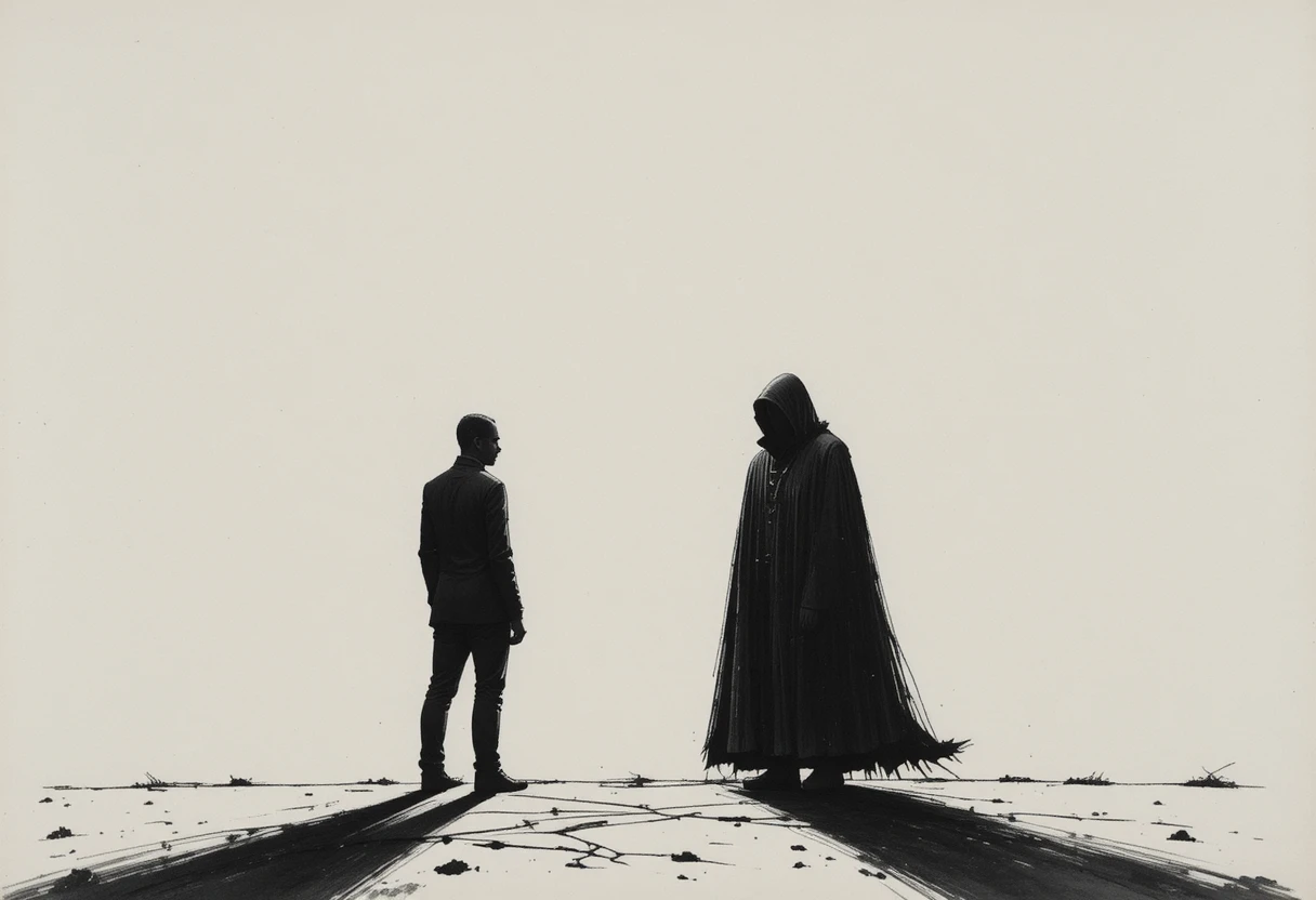 Two human silhouettes divided by light and deep shadow