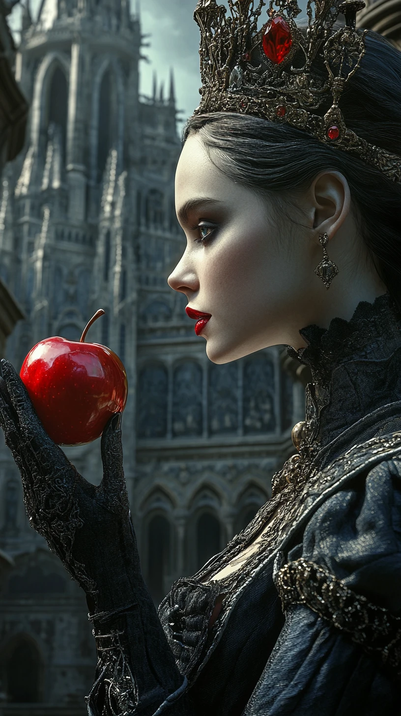 Gloomy dark queen holding a red apple in gothic castle
