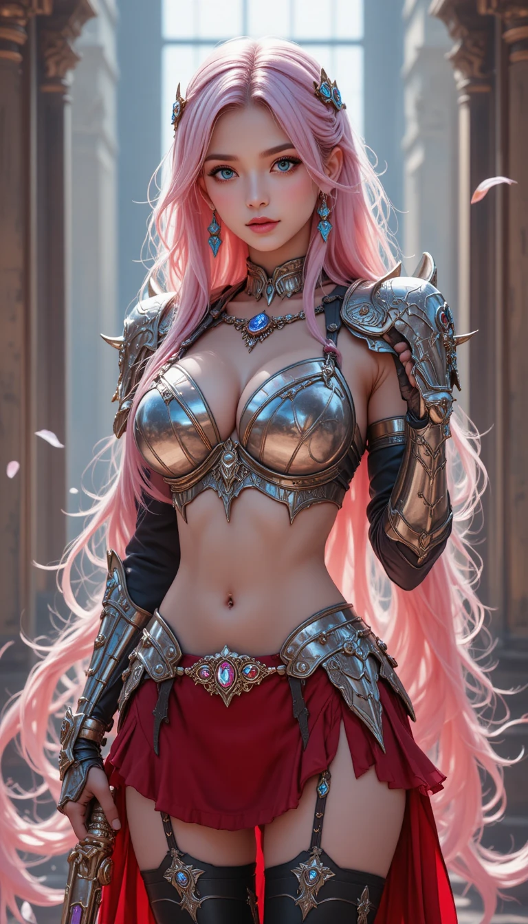 Pink haired warrior woman holding a sword in armor