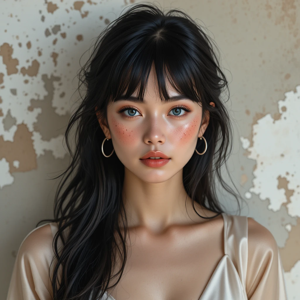 푸른 눈과 헝클어진 검은 머리를 한 젊은 여성의 초상