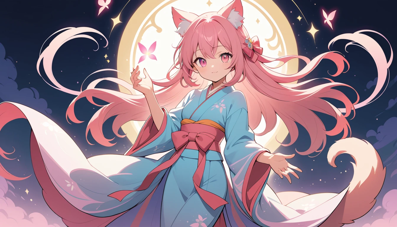 Ragazza gatto magica in stile anime che lancia incantesimi dolci e scintillanti