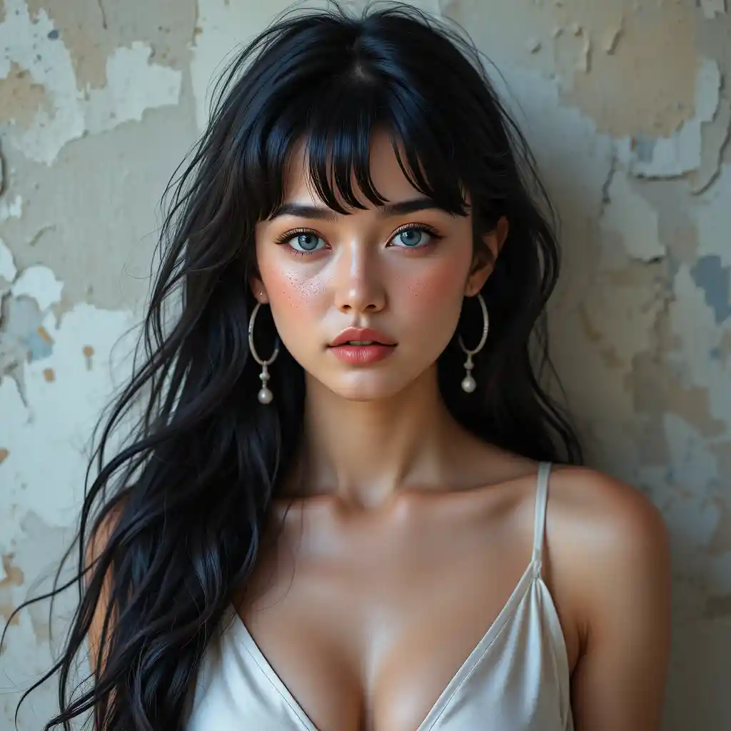 Portrait d’une jeune femme aux yeux bleus et aux cheveux noirs