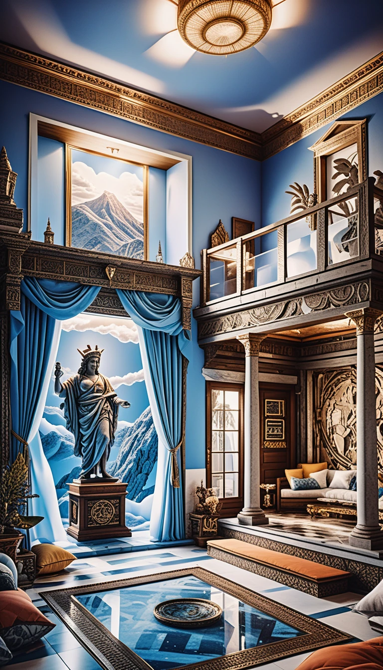 Diorama fantasy di interno di tempio greco con dettagli al neon