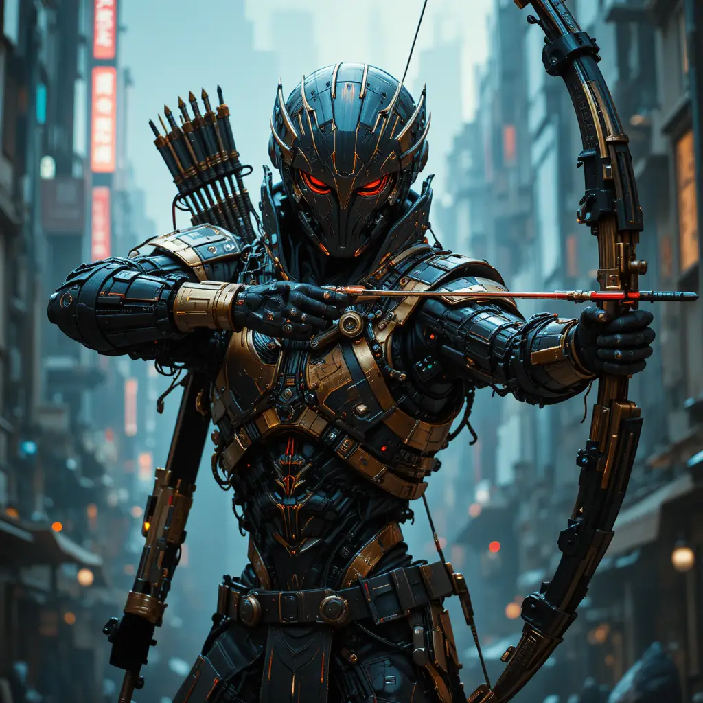 Cybernetic archer in black and gold armor in futuristic city