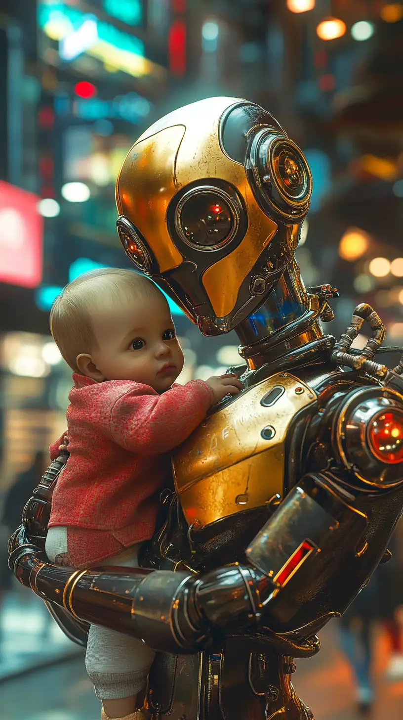 Steampunk robot cradling a baby in a modern supermarket