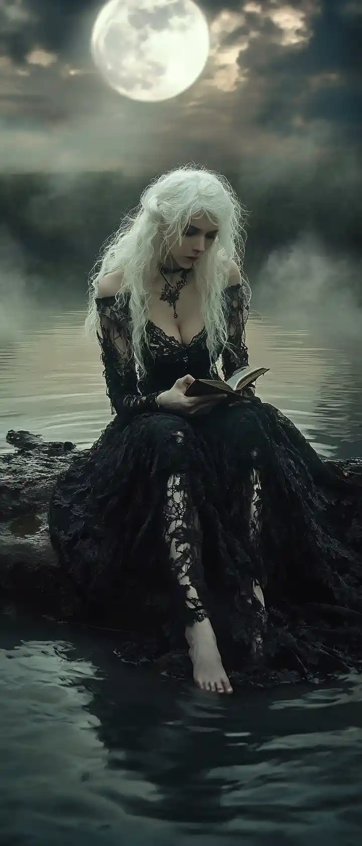 Sorrowful White Haired Woman By A Moonlit Forest Pond