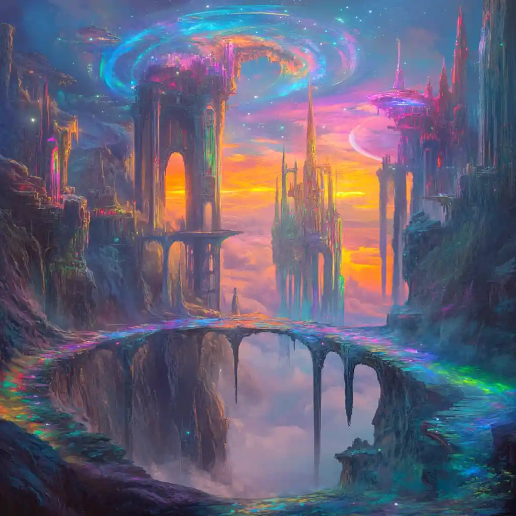 Surreal dreamscape of roaming fantastical creatures and abstract architecture