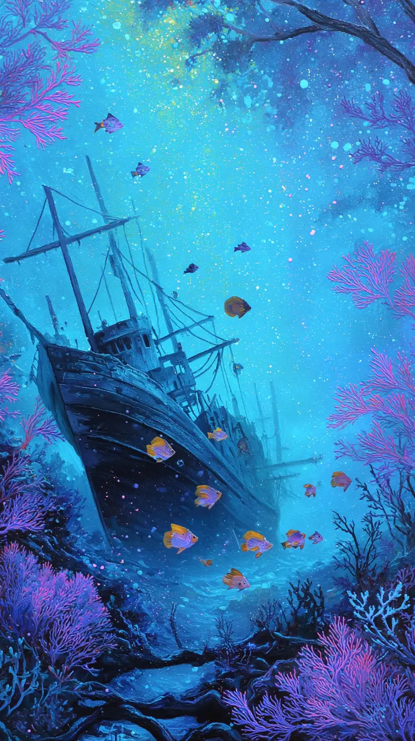 Épave de navire lumineuse sous lumière noire avec poissons tropicaux