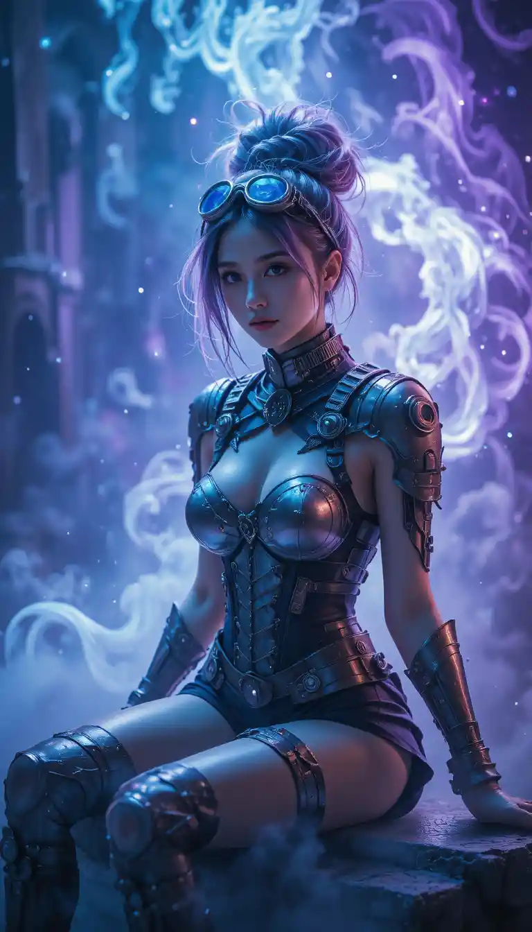 Steampunk armored woman amid swirling ethereal energy