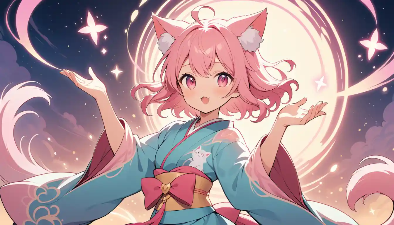 Anime cat girl casting gentle sparkling magic spell