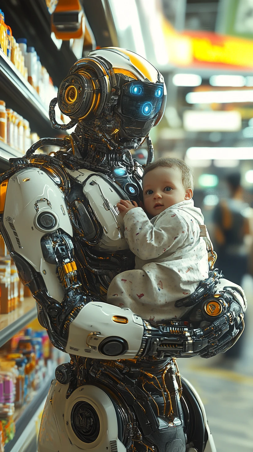 Steampunk robot cradling an infant in a bright supermarket