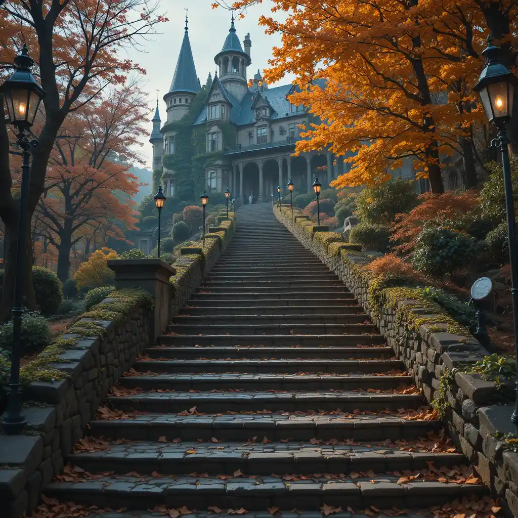 Autumn stone steps leading to an ivy covered gothic castle