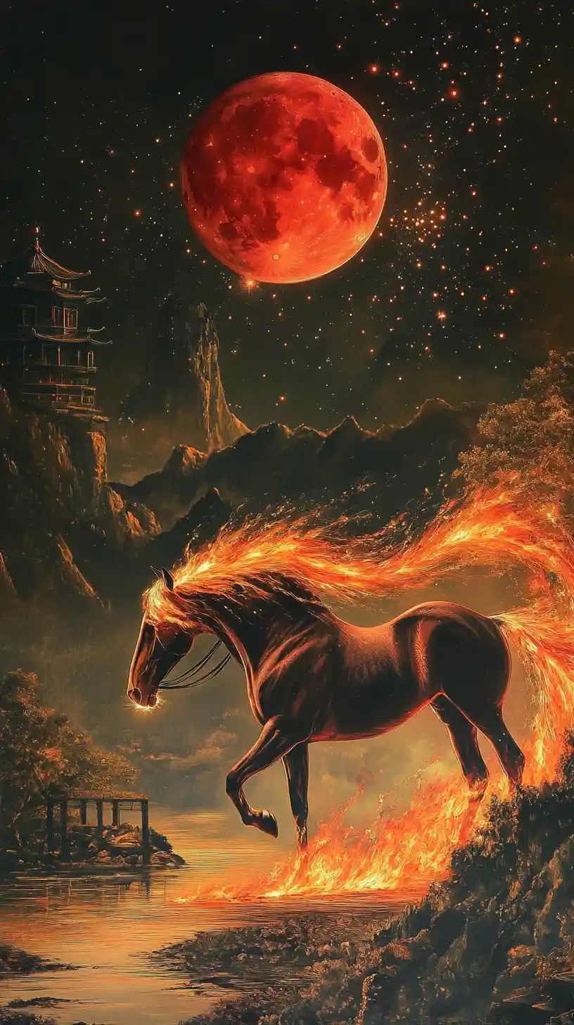 赤い月の下に立つ炎のたてがみの馬の幻想的な風景
