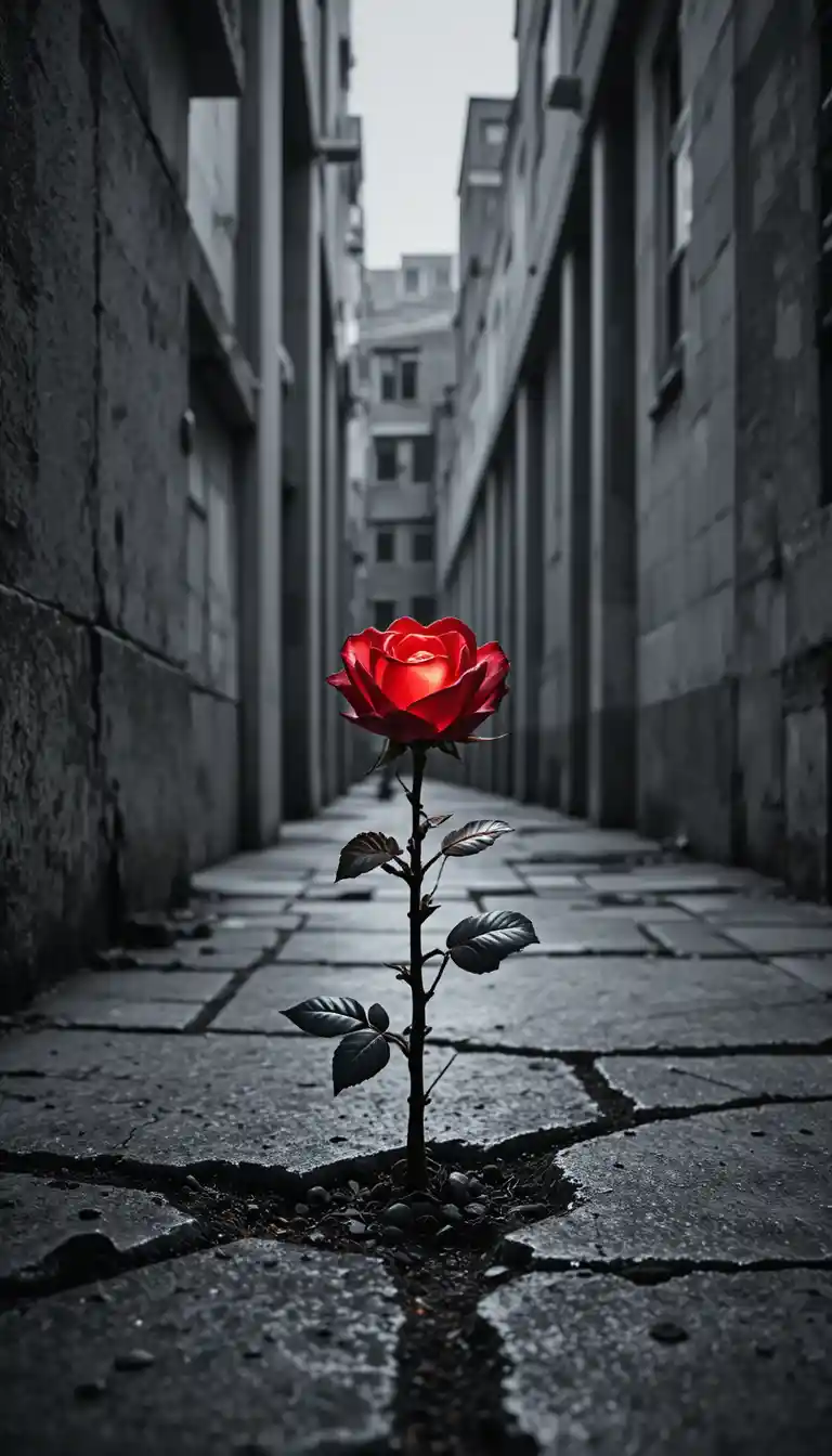 Glowing red rose emerging from cracked concrete sidewalk