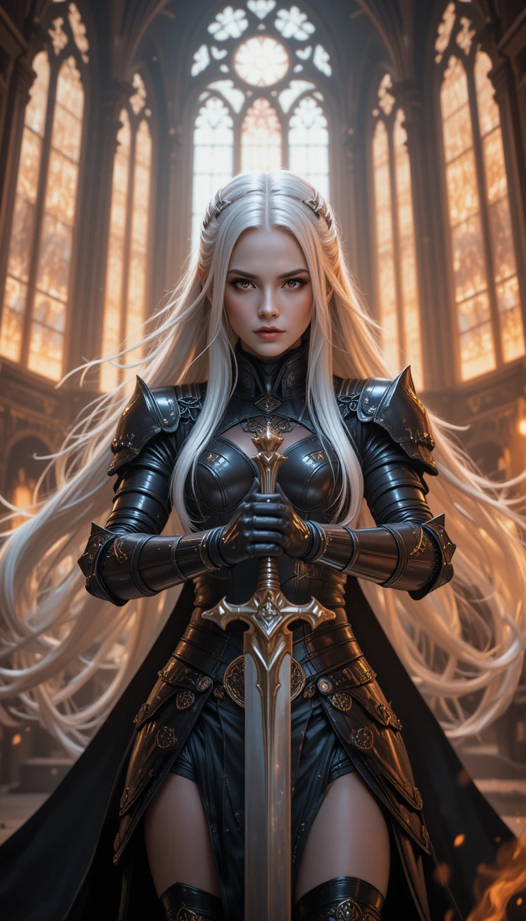 White haired warrior woman in gothic hall of firelight