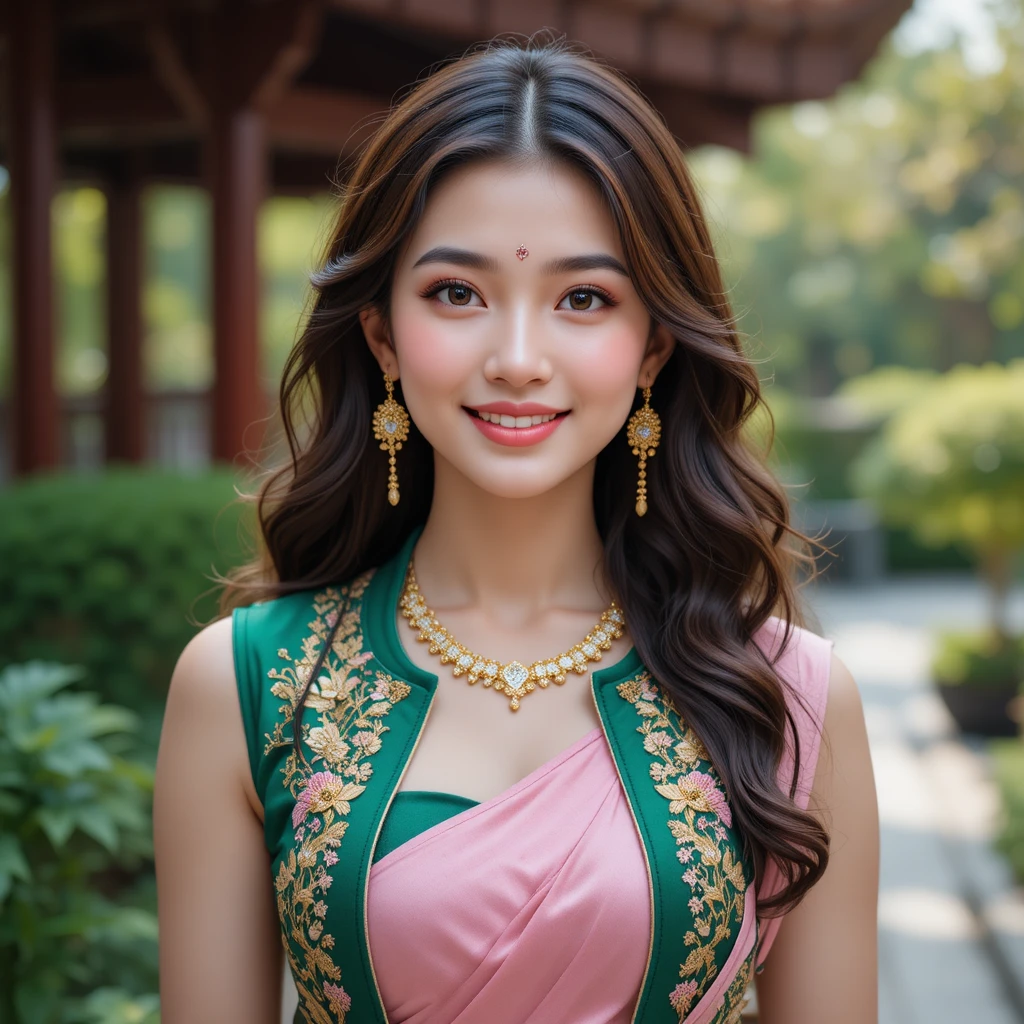 身穿綠色外套與粉紅絲綢紗麗的微笑泰國女子