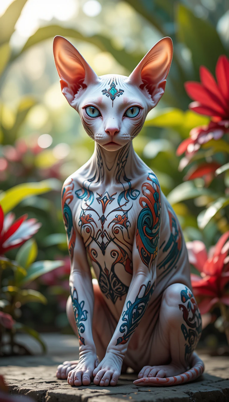 Gato Sphynx com tatuagens geométricas em um jardim banhado pelo sol