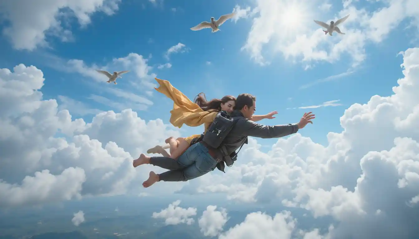 Monkey figure flying in the sky with hugging couple