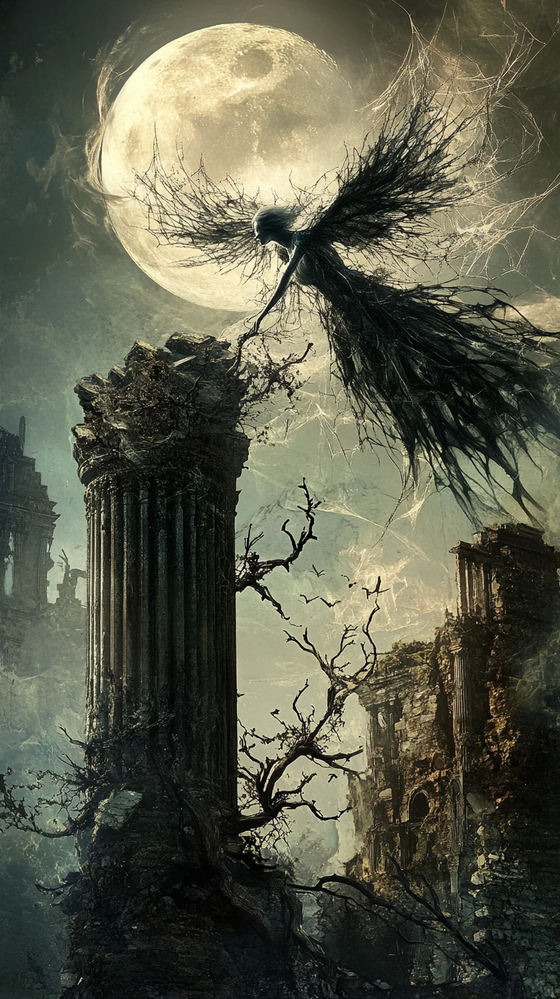 Angel Flying Above Moonlit Ruins In Dark Fantasy Scene