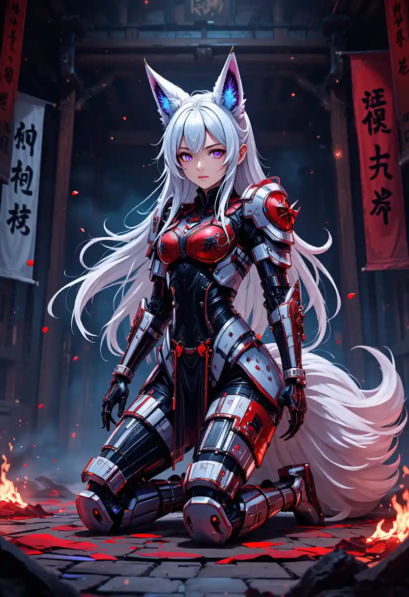 黑暗道場中跪下的狐耳賽博女武神