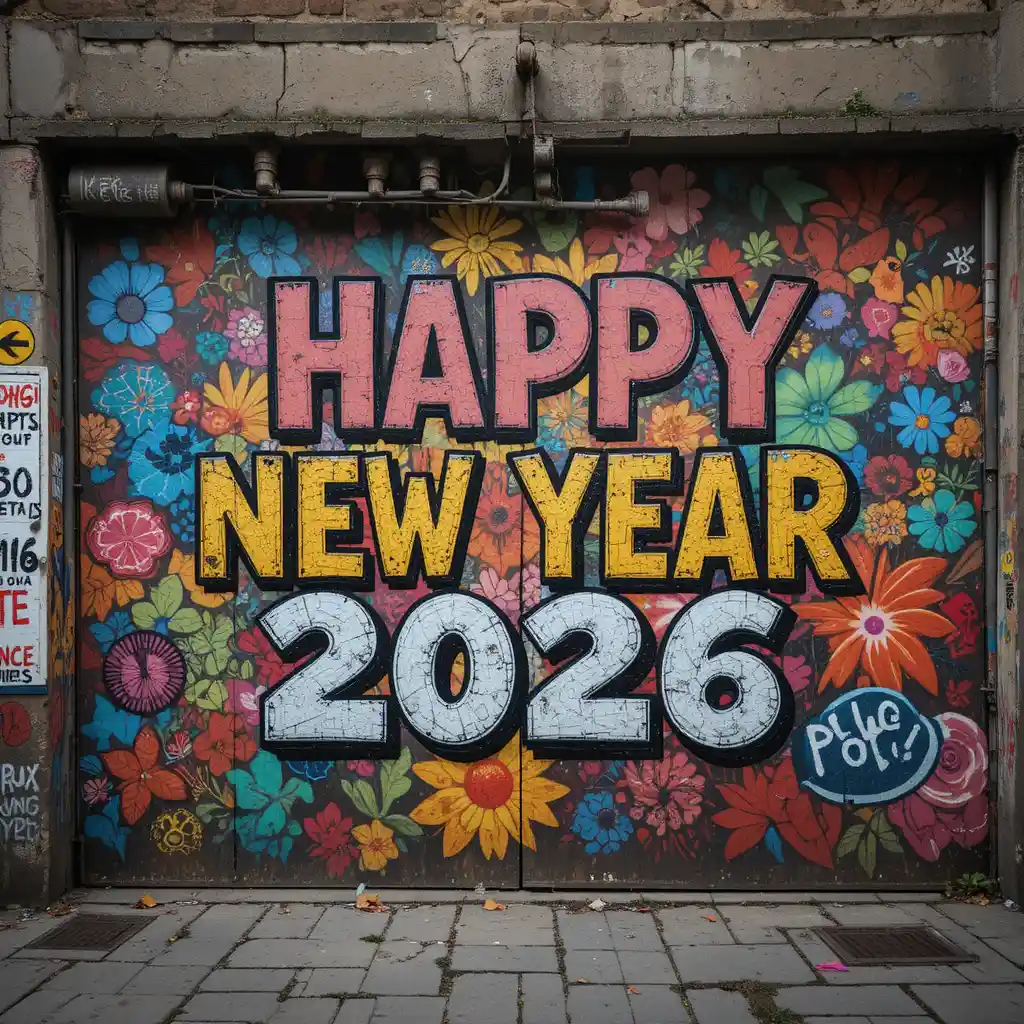 알록달록한 팝아트 스타일 거리 글씨로 쓰인 Happy New Year 2026