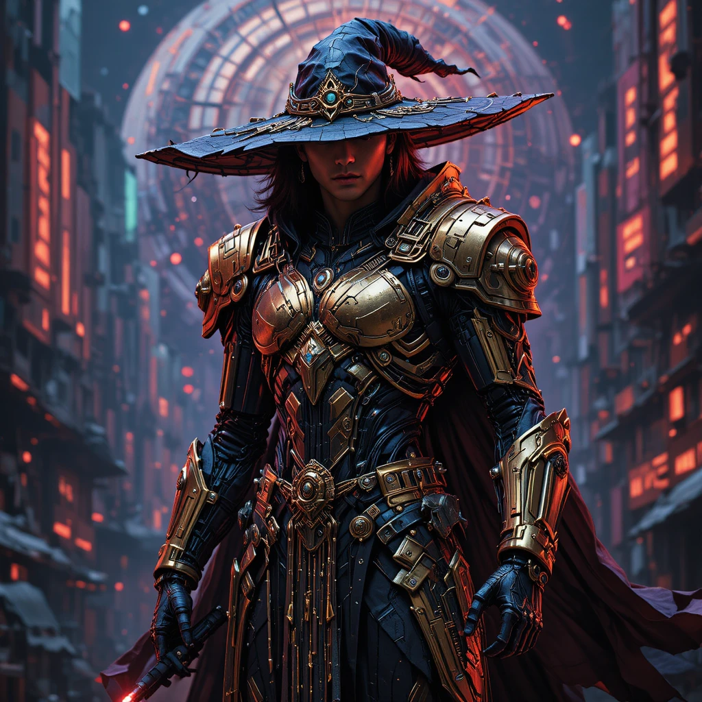 Cybernetic wizard in black and gold armor in futuristic world