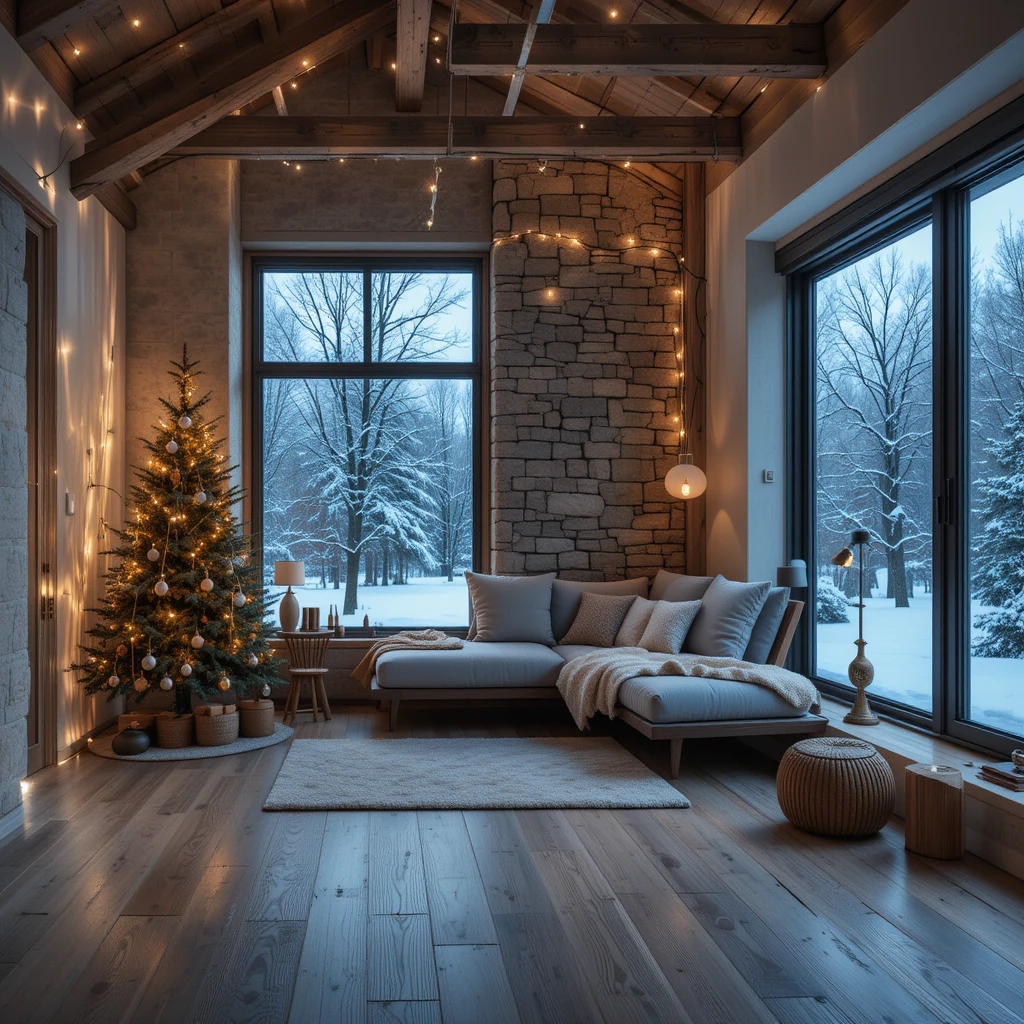 Minimalist loft apartment with warm Christmas fairy lights