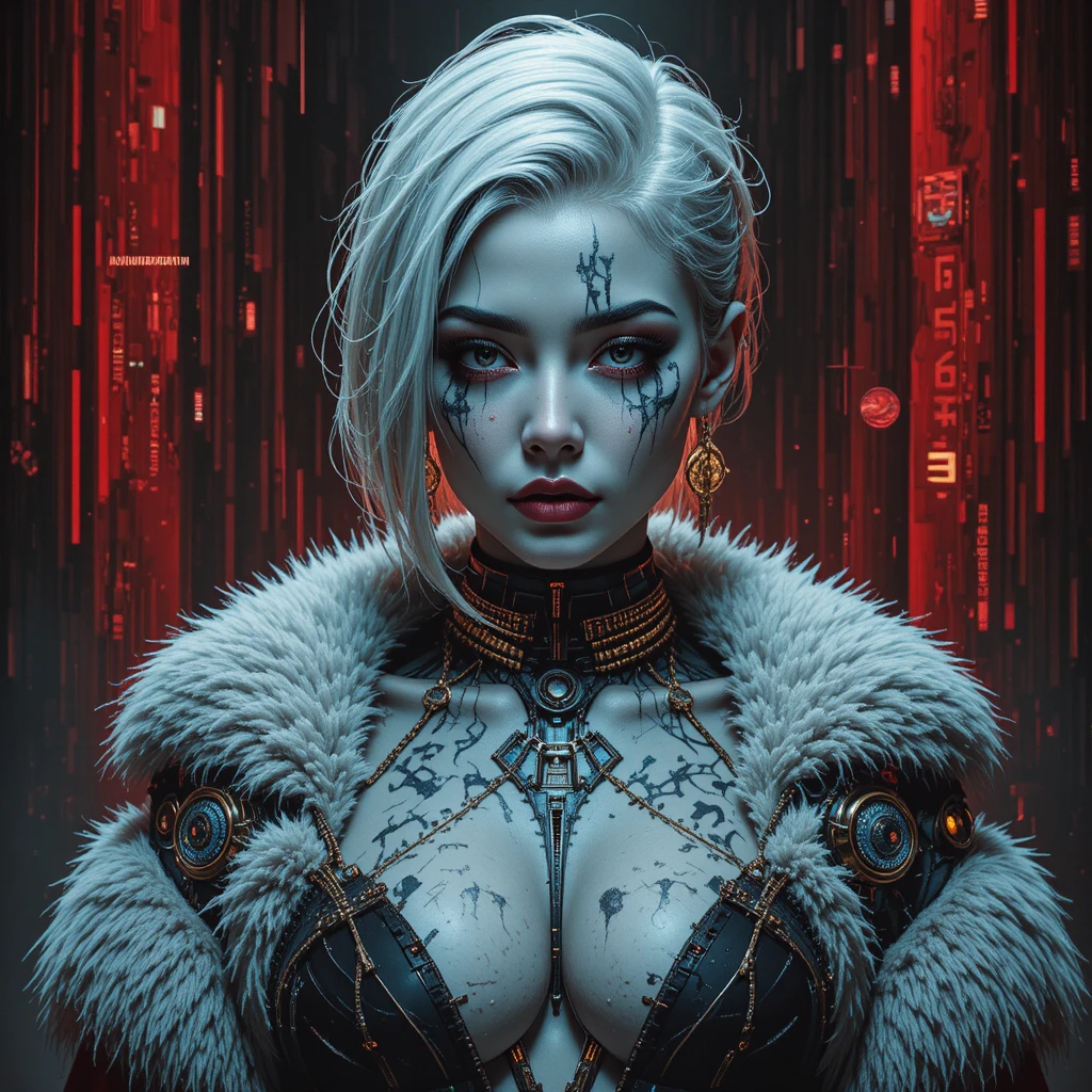 Futuristic heroine portrait with glitch tattoos and chains