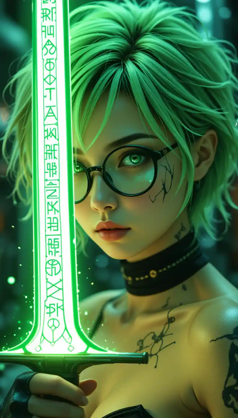 Cyberpunk warrior girl with glowing rune greatsword close up