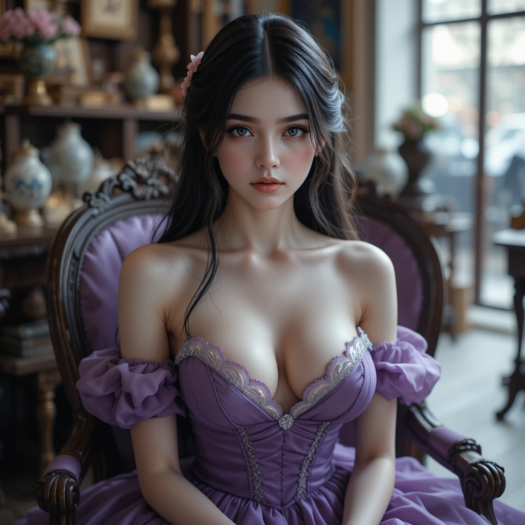 古董店角落的紫色舞會禮服年輕女子
