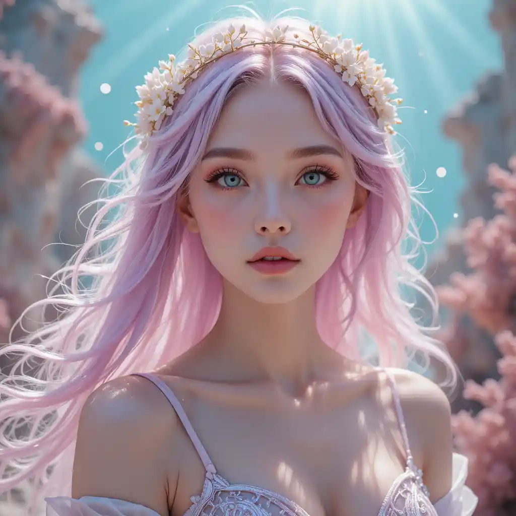 Träumerisches Fantasy-Mädchen mit fließendem pastell-lavendelrosa Haar
