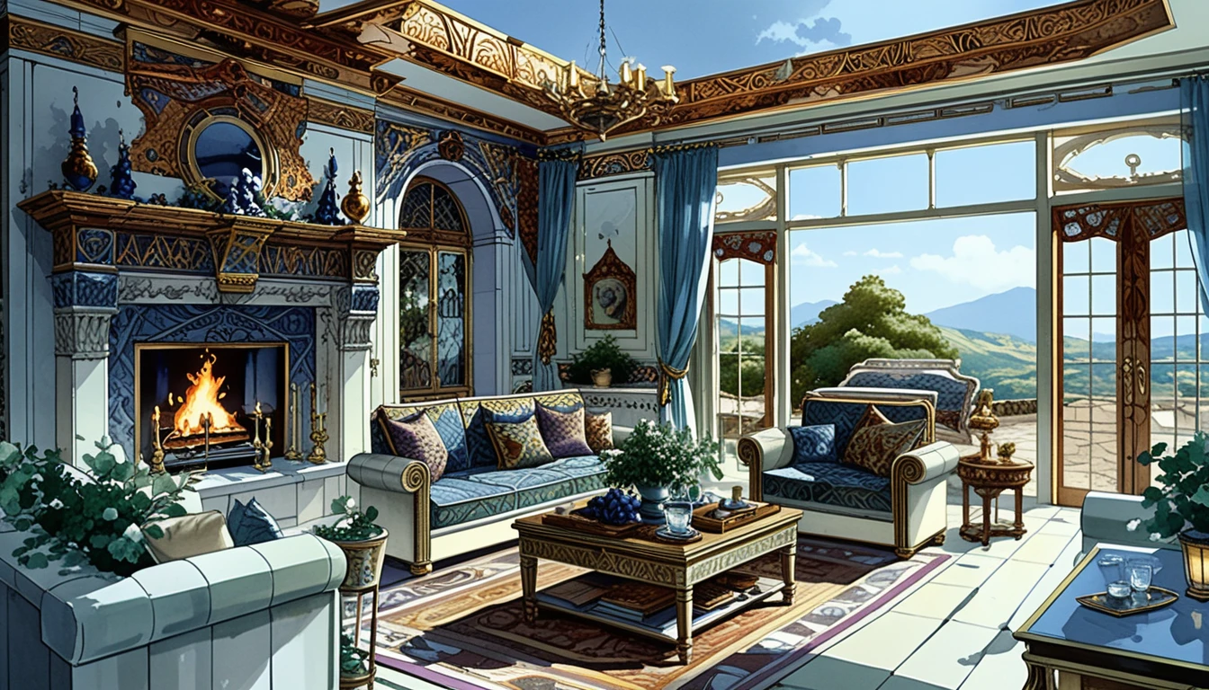 Isometric 3D duchess bedchamber with grand winter fireplace