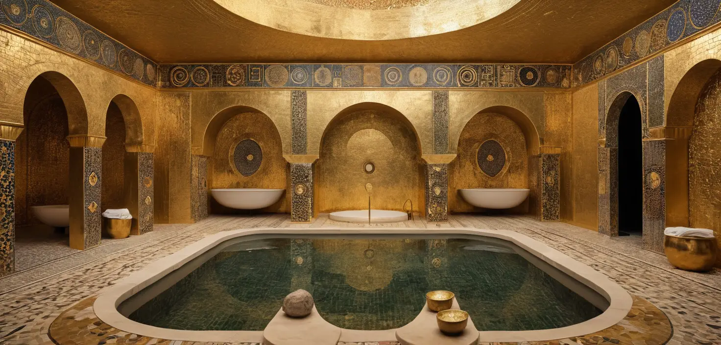 Sensual women in a golden symbolist hammam interior