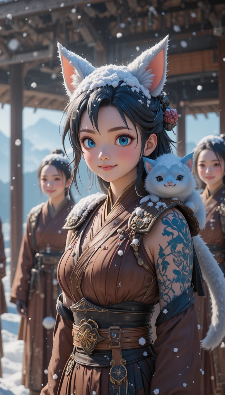 Joyful Japanese warrior girl surrounded by loyal friends