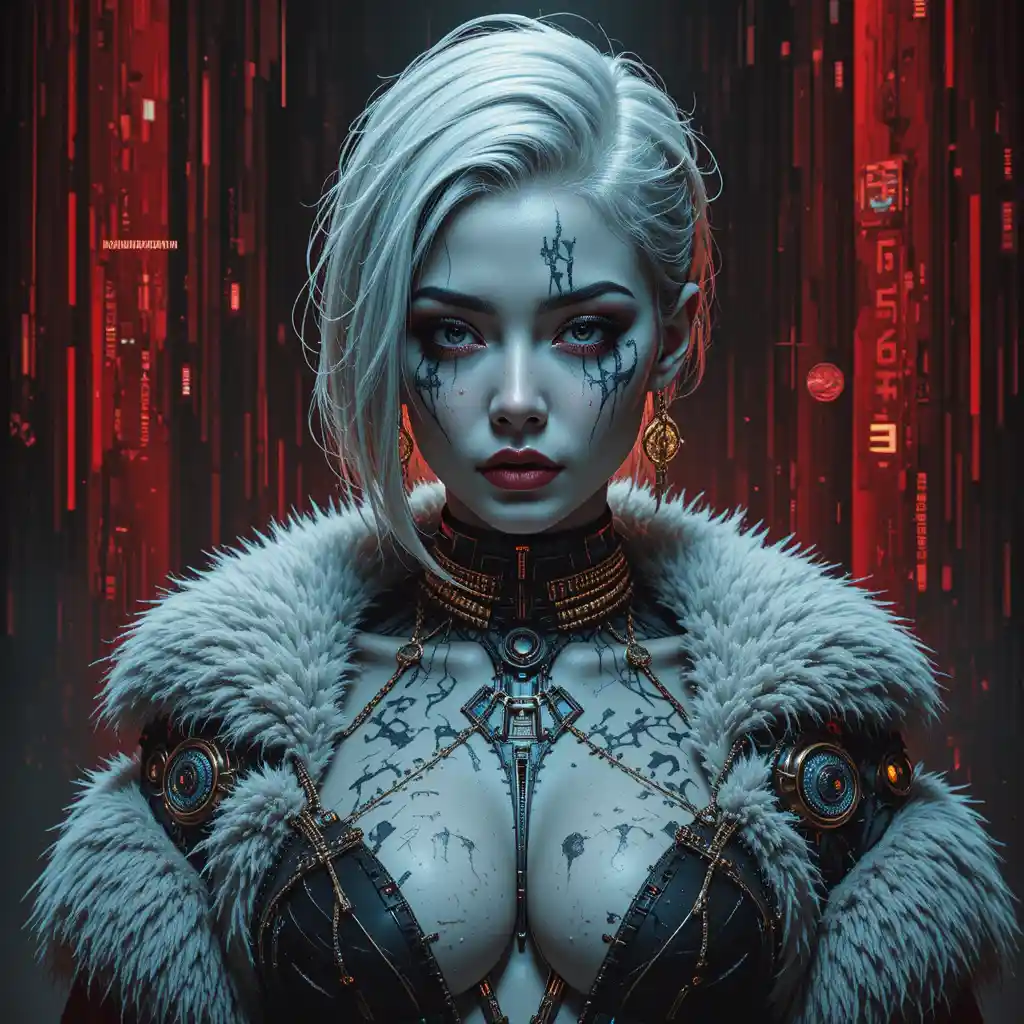 Futuristic heroine portrait with glitch tattoos and chains