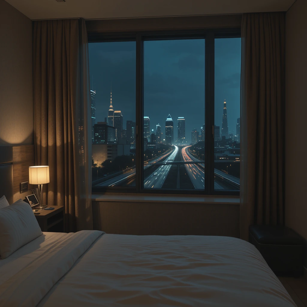 Dim hotel bedroom with highway view at night