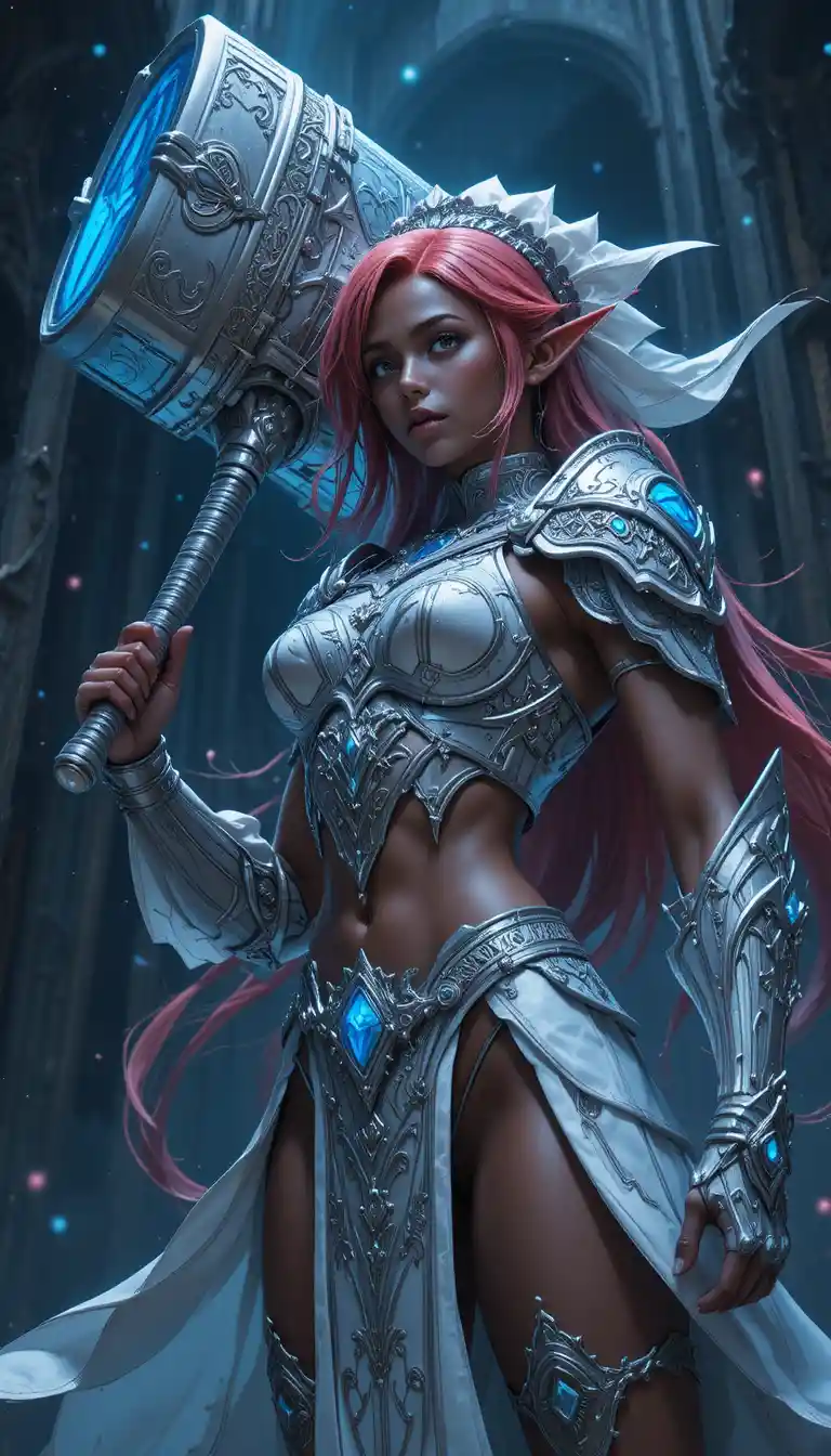 Dark skinned anime elf warrior woman with massive warhammer