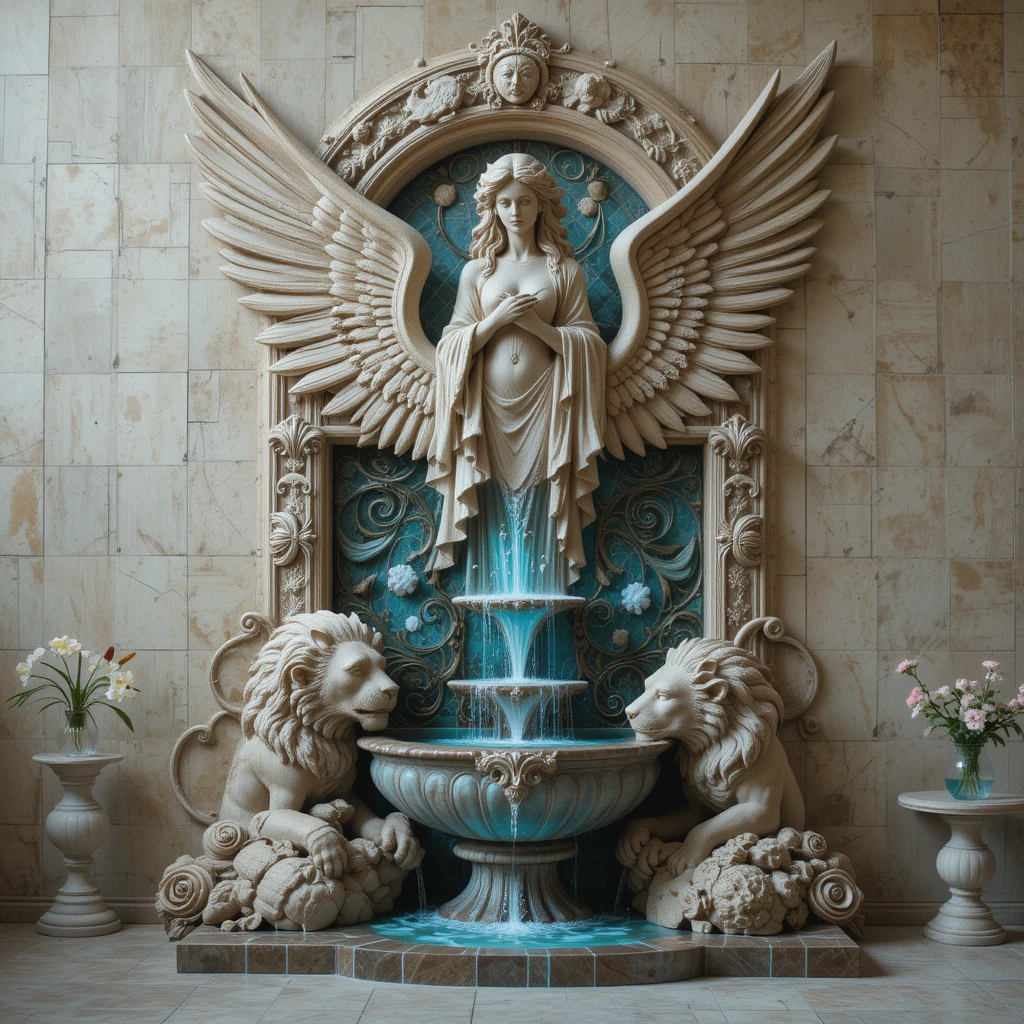 Winged Lion Wall Fountain With Celestial Goddess Relief