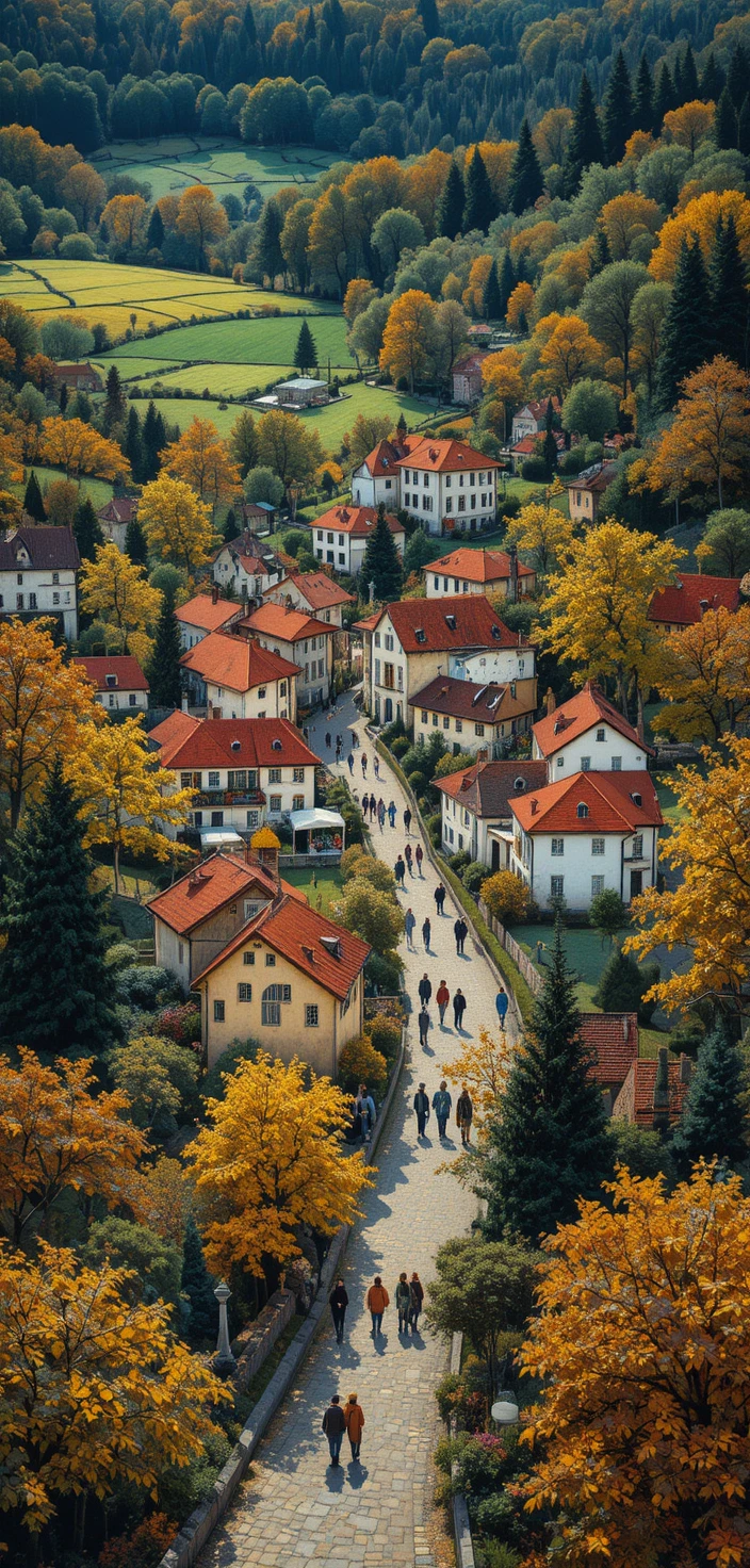 Ornamental aerial painting of a village with rich golden details