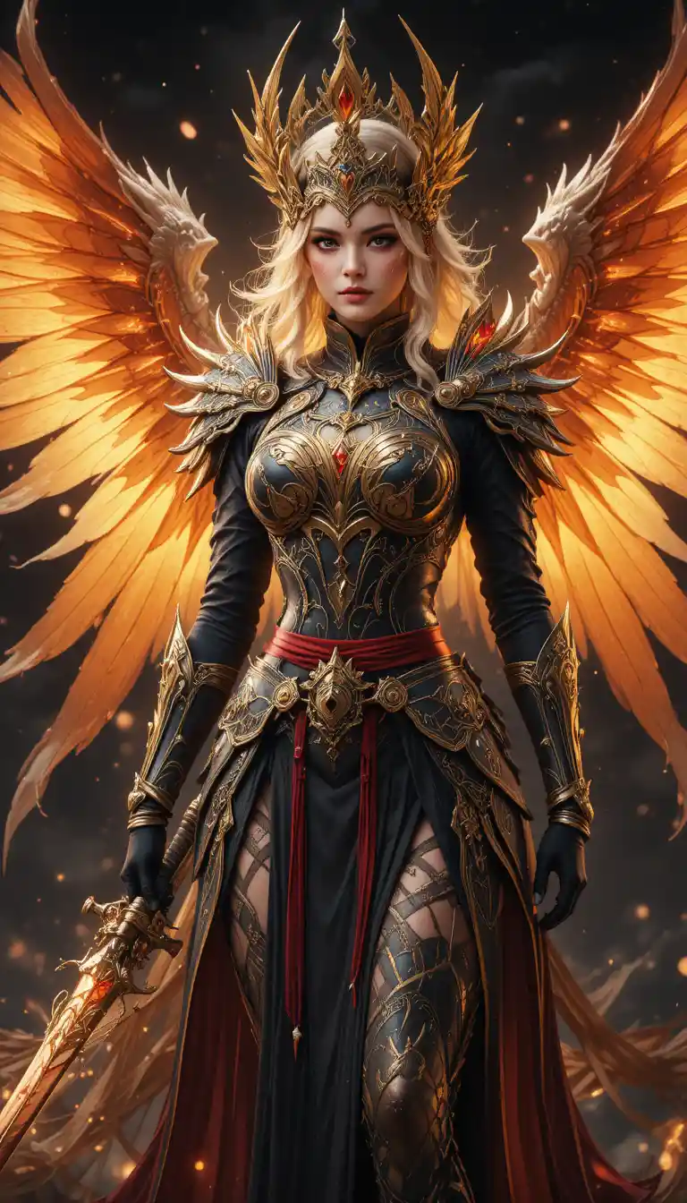 Armored winged queen with sword under starry sky