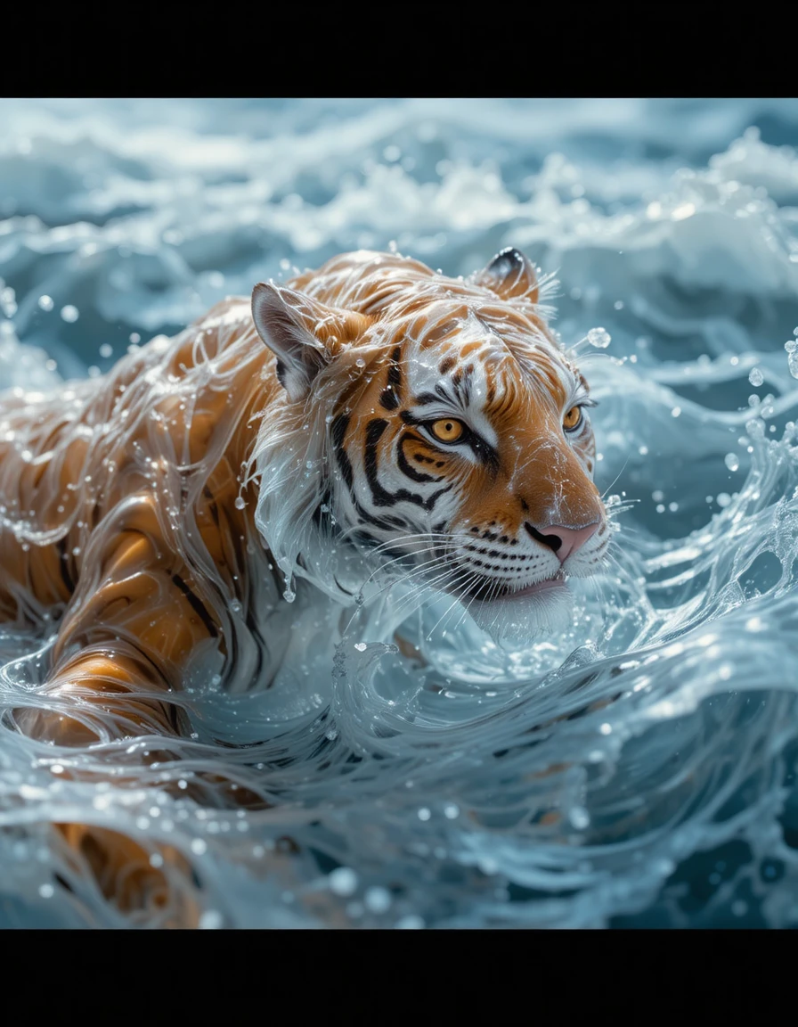 Tigre d’acqua fluida formata da increspature e riflessi scintillanti