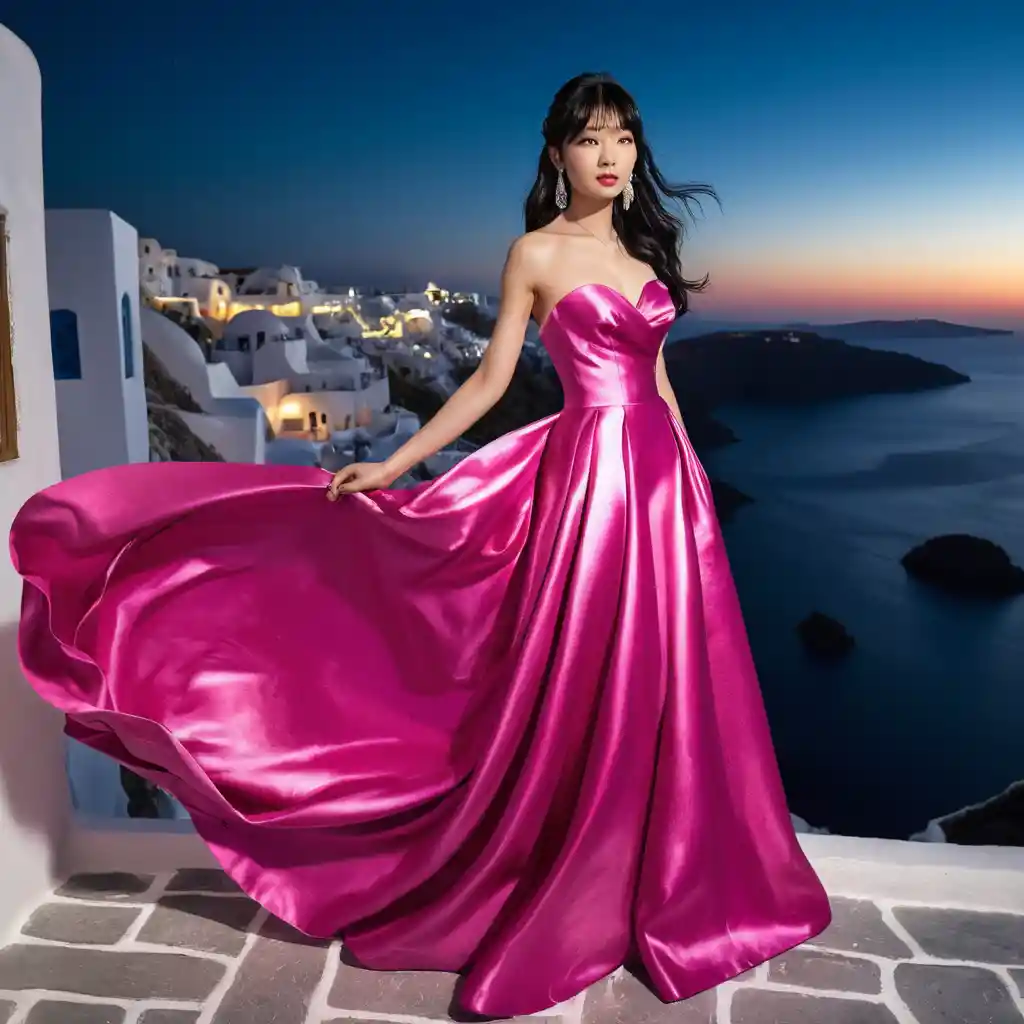 Donna elegante in abito di raso fucsia di notte a Santorini