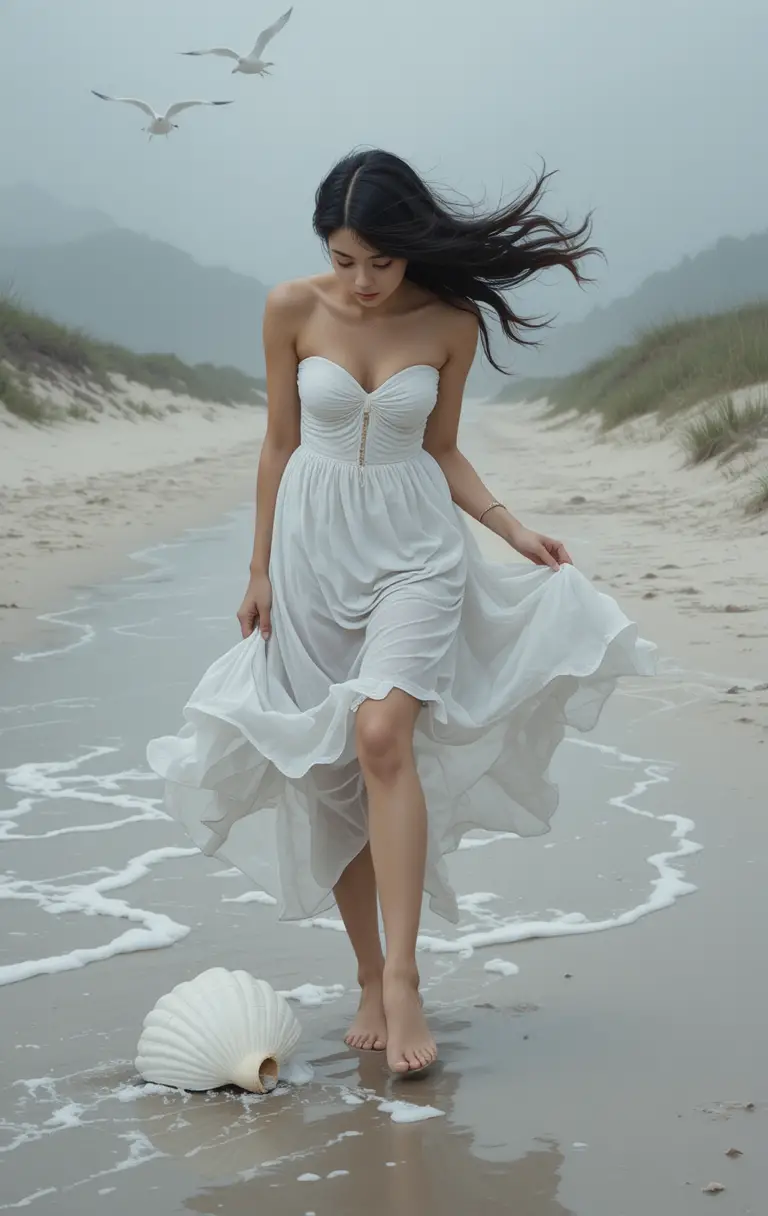Woman in white dress picking up seashell on misty beach