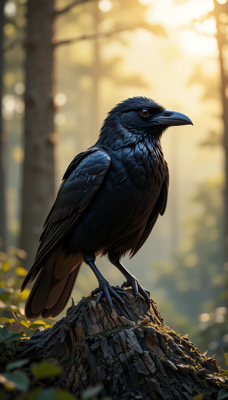 Majestic crow perched on a rugged forest branch