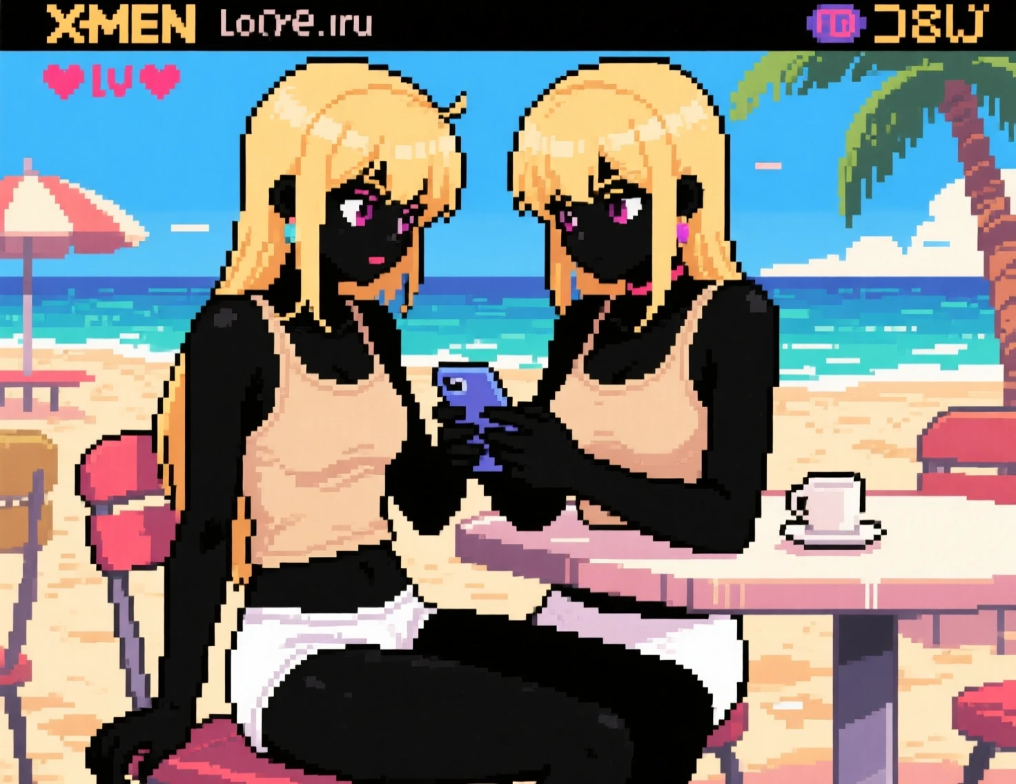 Blonde anime woman texting in a beach cafe profile view